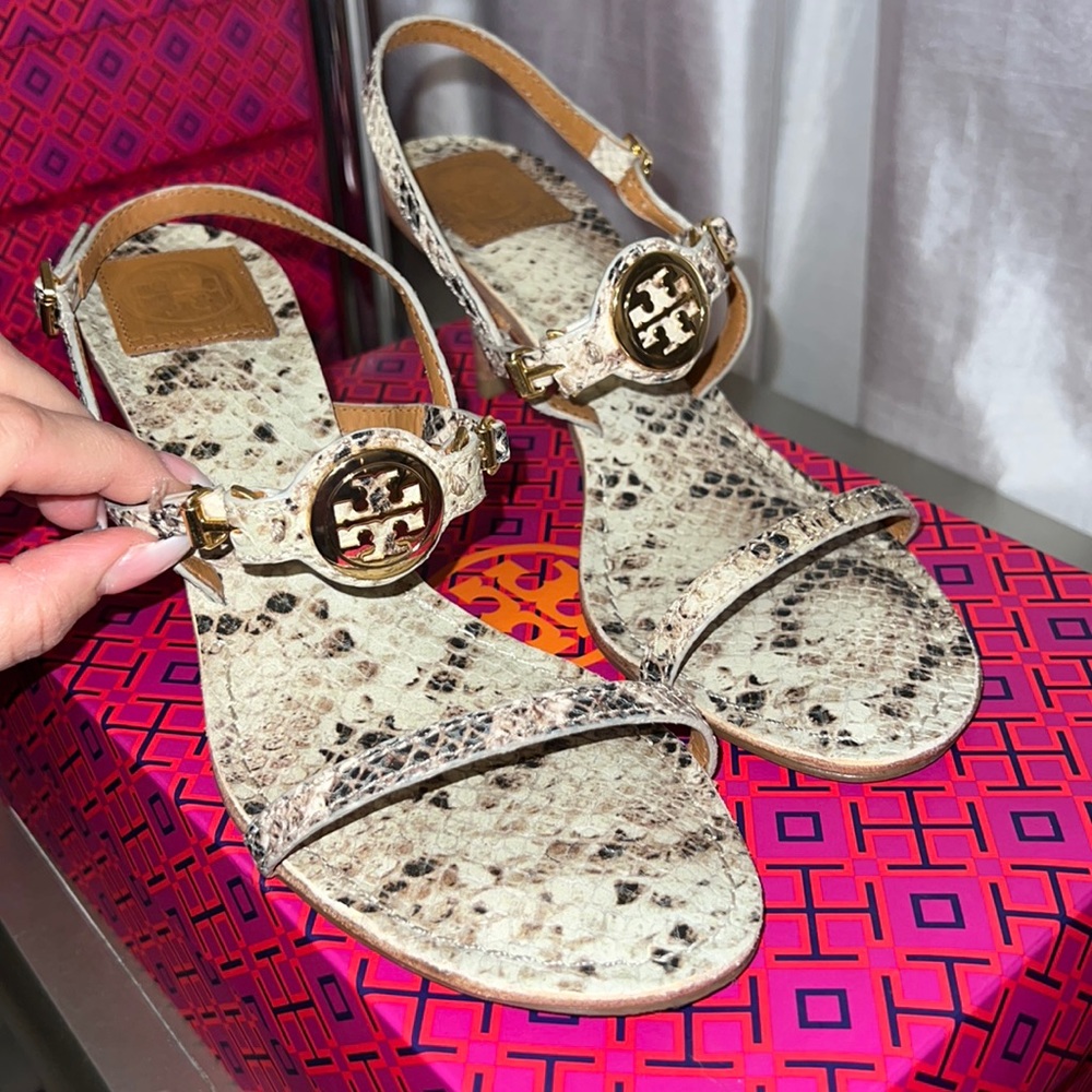 Tory Burch Neutral Snake-Print Leather Slingback Sandals